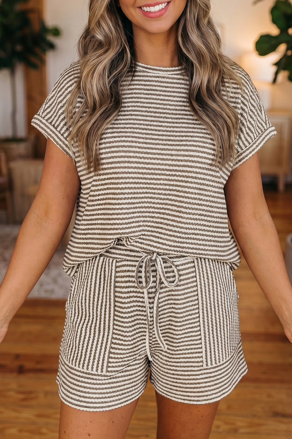Stripe Textured Knit Co-ord Set | Top & Shorts