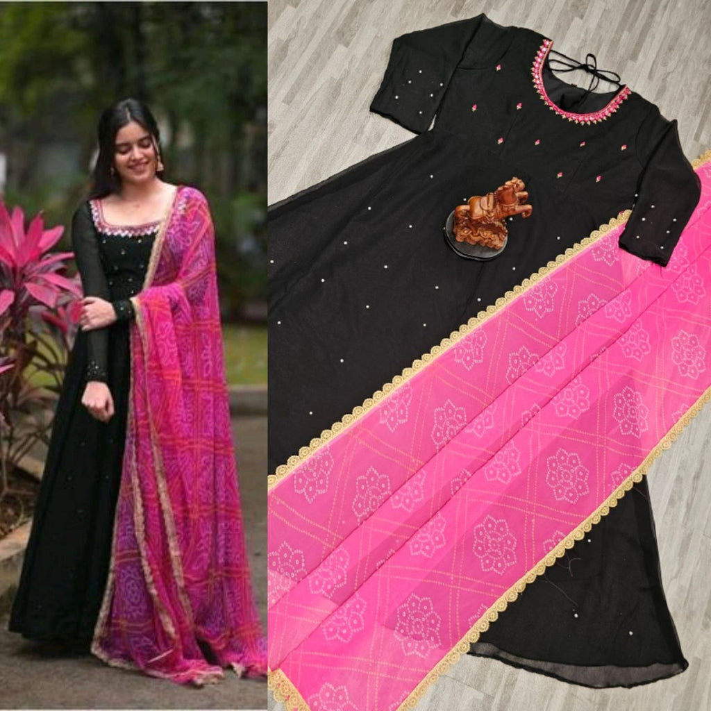 Women's Solid Georgette Gown Kurta With Dupatta – Long Ethnic Dress Set