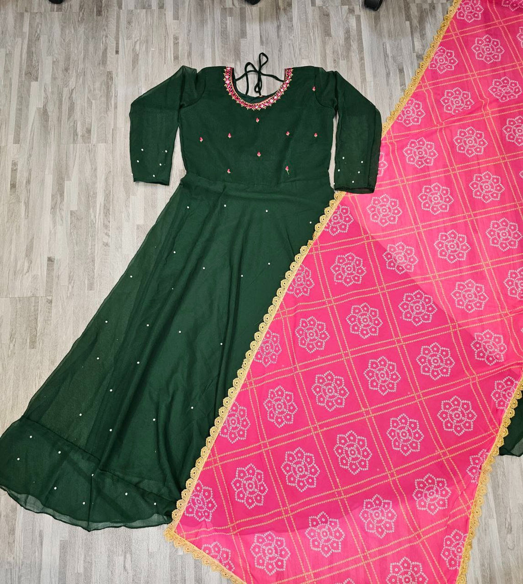 Women's Solid Georgette Gown Kurta With Dupatta – Long Ethnic Dress Set