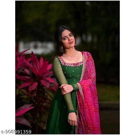 Women's Solid Georgette Gown Kurta With Dupatta – Long Ethnic Dress Set