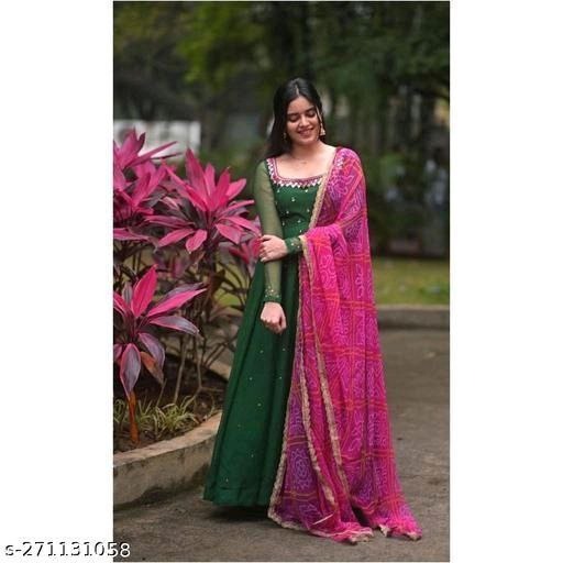 Women's Solid Georgette Gown Kurta With Dupatta – Long Ethnic Dress Set