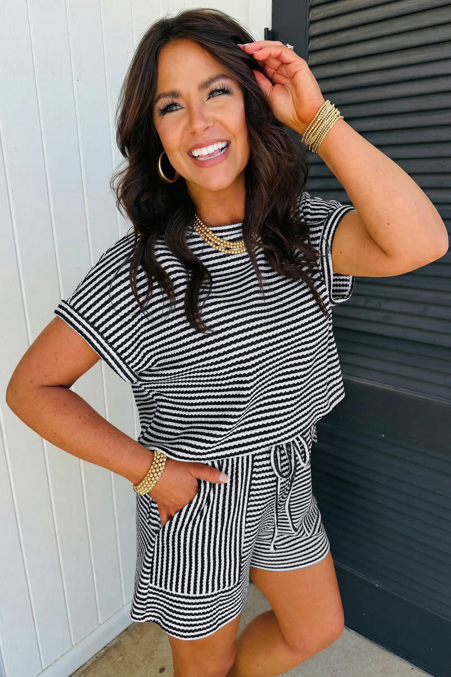 Stripe Textured Knit Co-ord Set | Top & Shorts