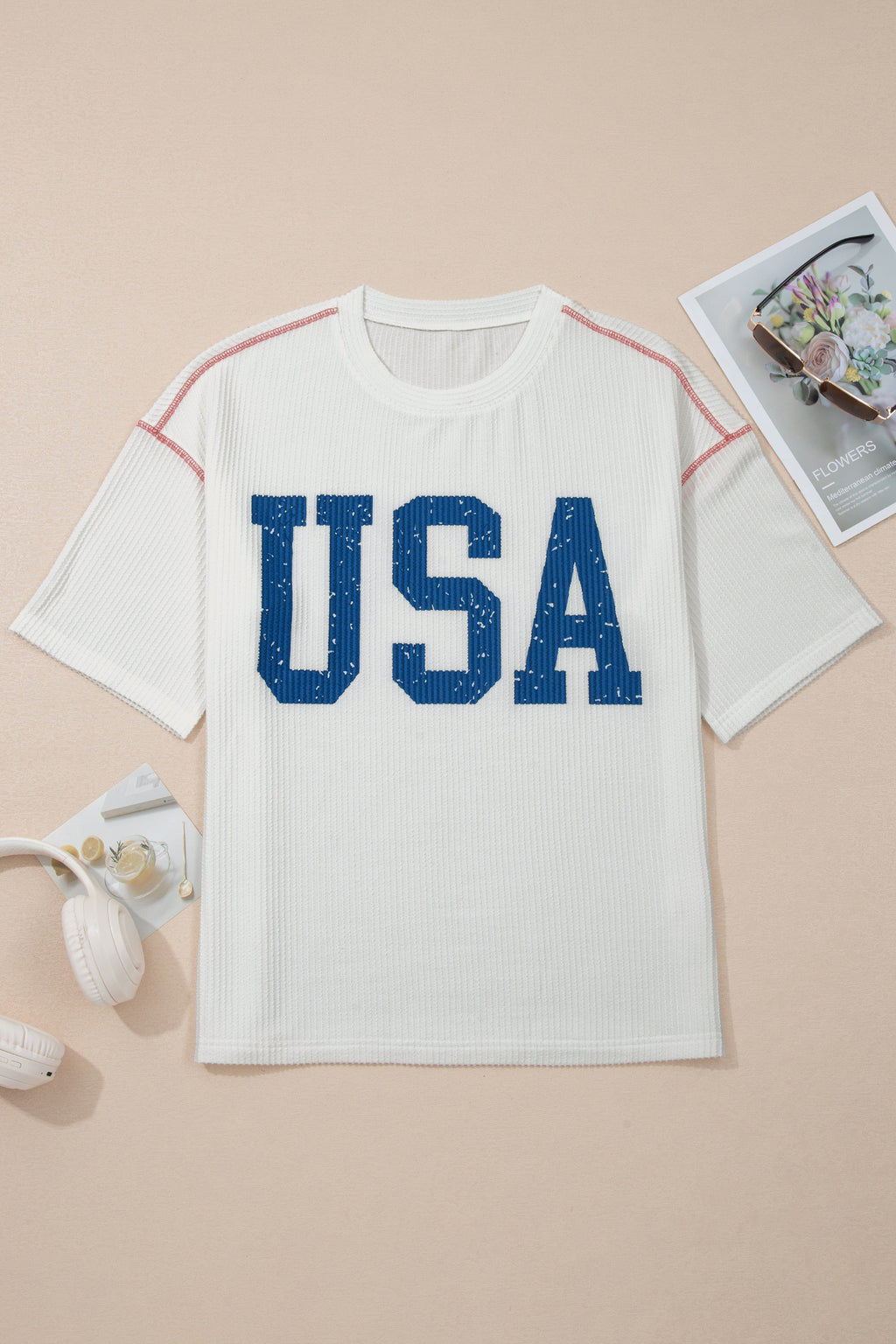 Beau Blue USA Graphic Half Sleeve Loose Ribbed Top