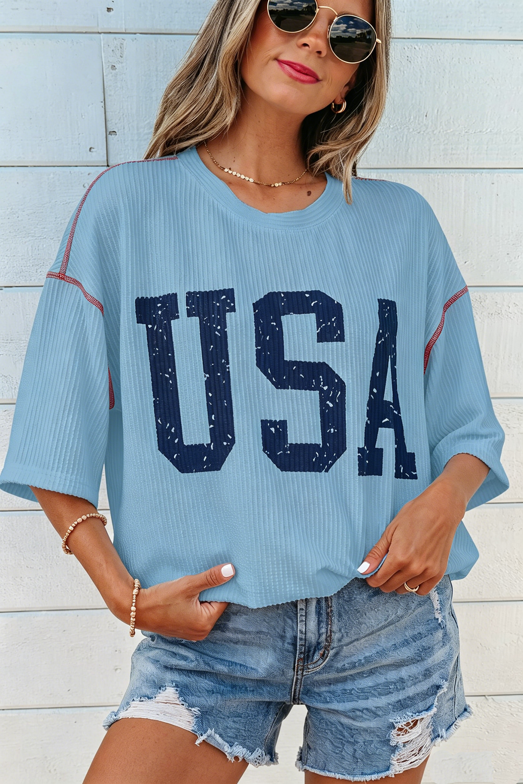 Beau Blue USA Graphic Half Sleeve Loose Ribbed Top