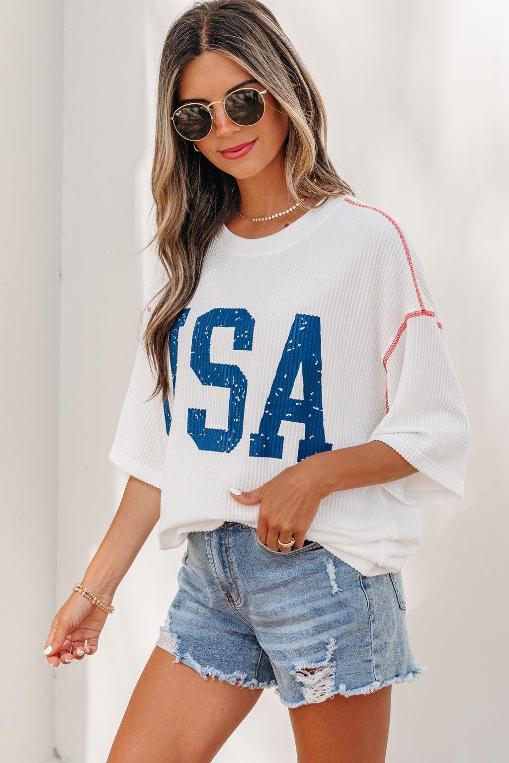 Beau Blue USA Graphic Half Sleeve Loose Ribbed Top