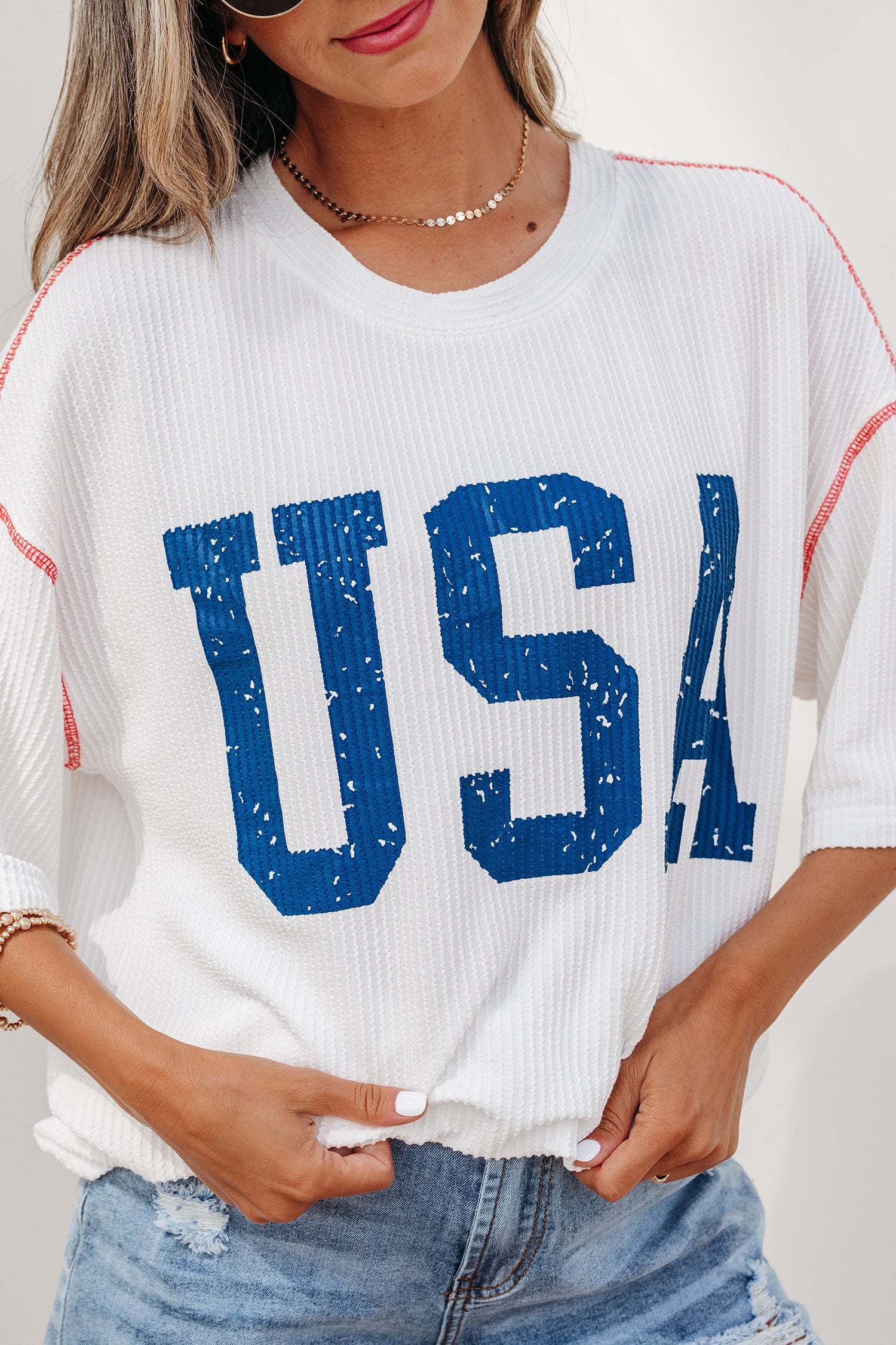 Beau Blue USA Graphic Half Sleeve Loose Ribbed Top