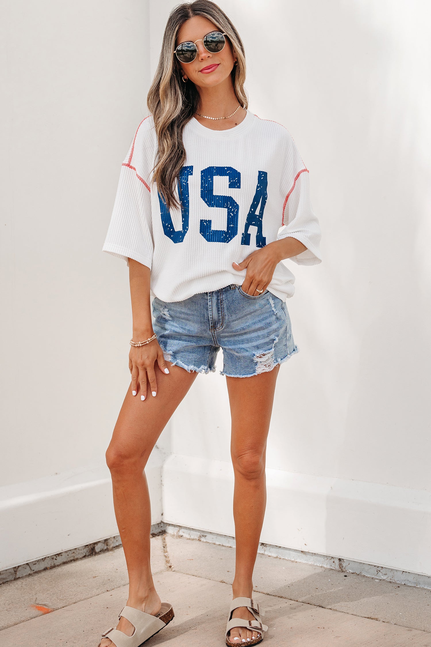 Beau Blue USA Graphic Half Sleeve Loose Ribbed Top
