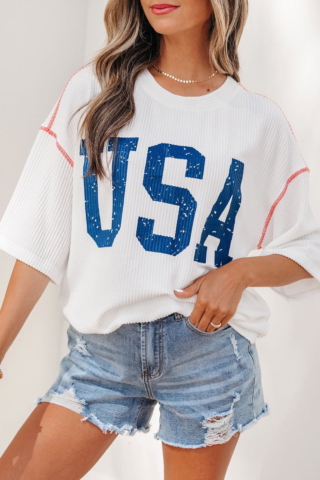 Beau Blue USA Graphic Half Sleeve Loose Ribbed Top