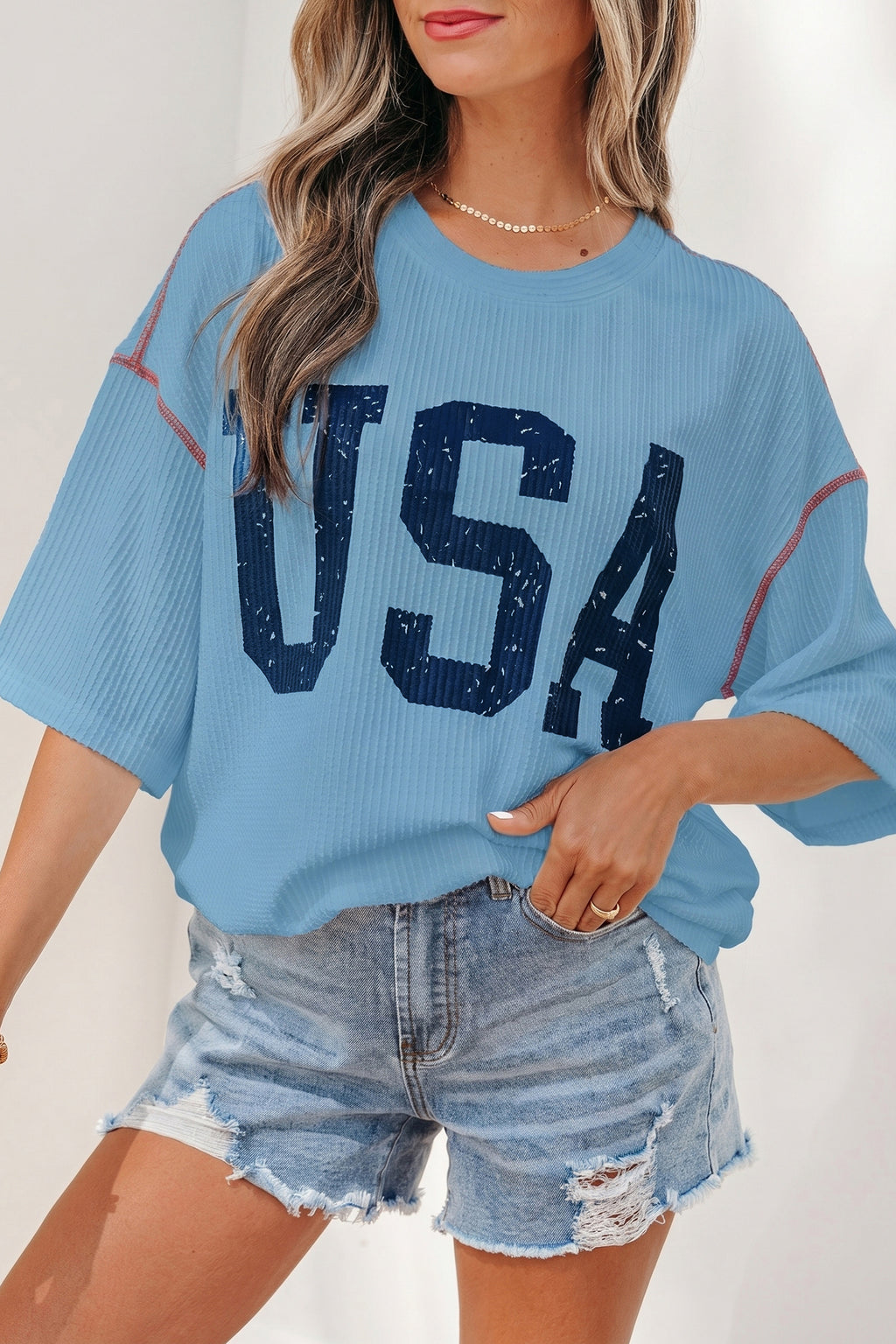 Beau Blue USA Graphic Half Sleeve Loose Ribbed Top