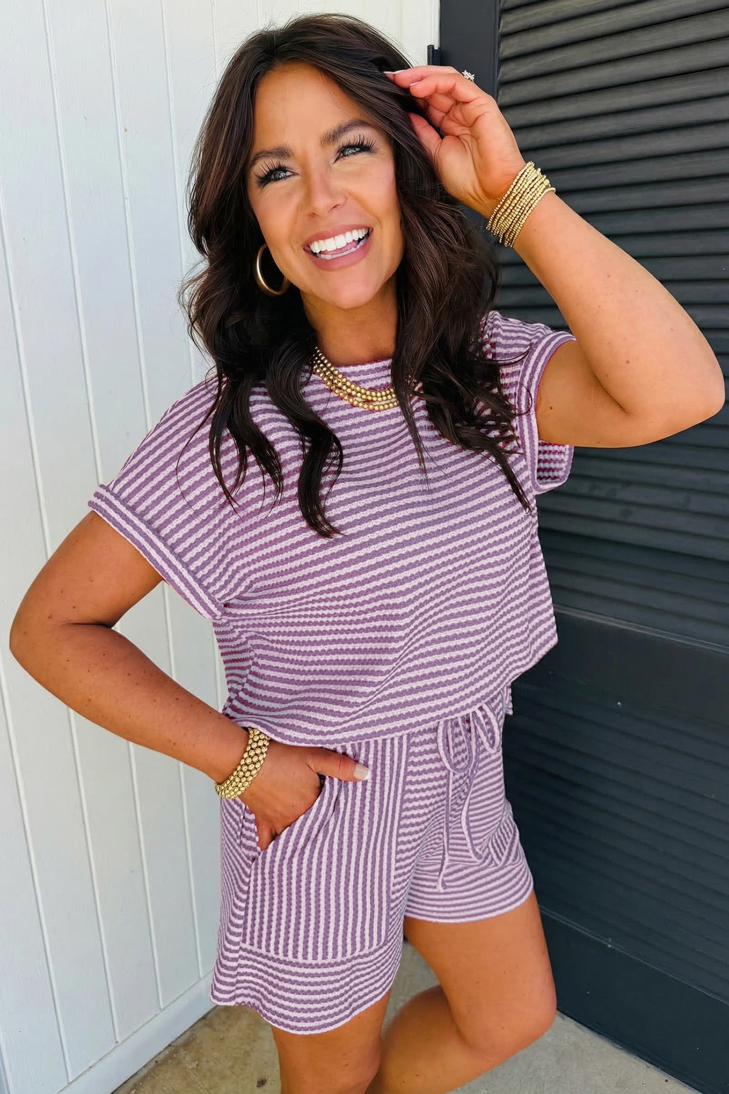 Stripe Textured Knit Co-ord Set | Top & Shorts