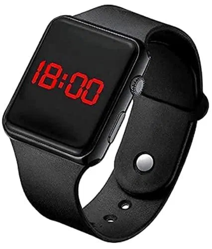 Black digital watch with red LED display on a white background
